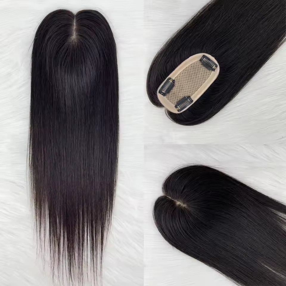 6x12 CM Straight Hair Topper For Women Breathable Silk Base Virgin Human Hair Piece Toupee Cover  Thinning Hair Area