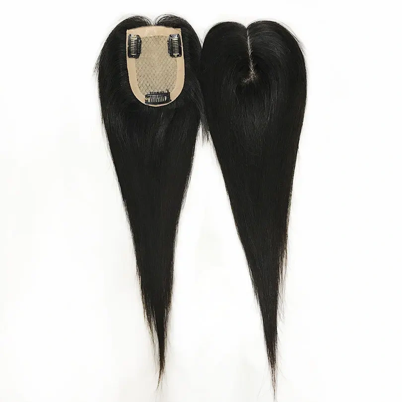 7x11 cm  Natural Hand Tied Straight Silk Base With Clips In Hair Toupee 12inch Hairpiece Human Hair Topper For Women
