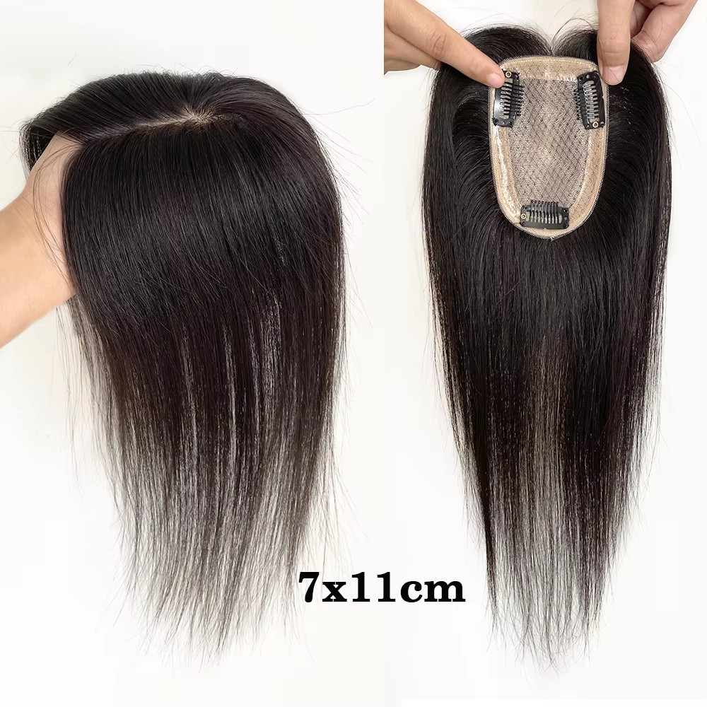 7x11 cm  Natural Hand Tied Straight Silk Base With Clips In Hair Toupee 12inch Hairpiece Human Hair Topper For Women