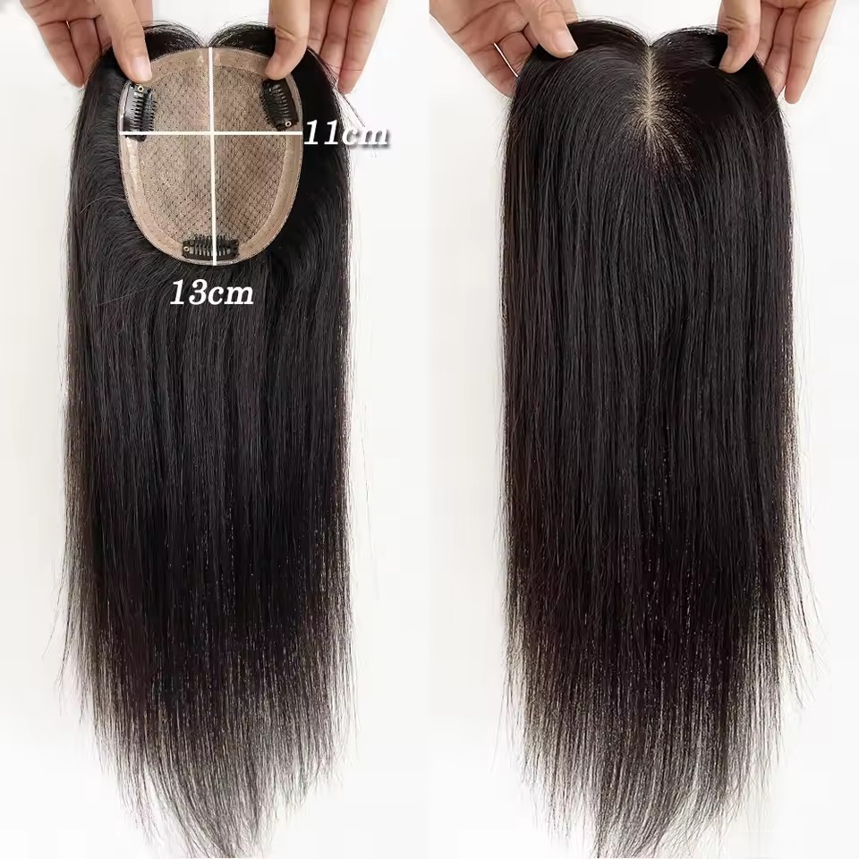 10x12CM Natural Black Human Hair Silk Base Topper Straight Virgin European Hair Breathable Silk Top with Clips in for Women