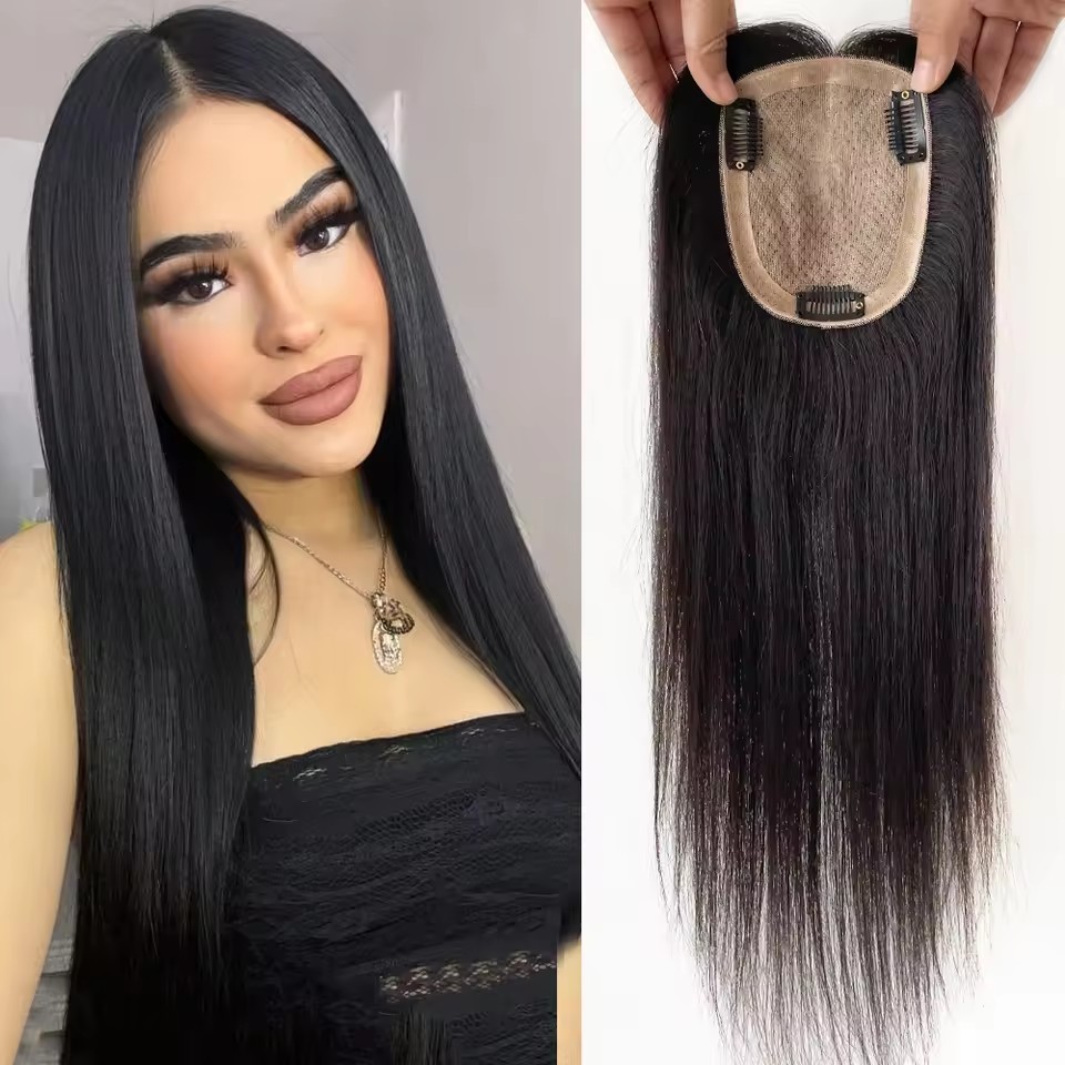 10x12CM Natural Black Human Hair Silk Base Topper Straight Virgin European Hair Breathable Silk Top with Clips in for Women