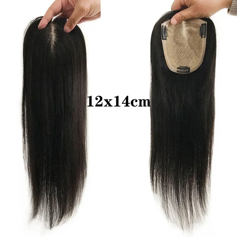 112x14cm Silk Skin Base Hand Made Virgin Hair Toppers Silky Straight Hair Pieces For Hair Loss Natural Black Color 6-20inch