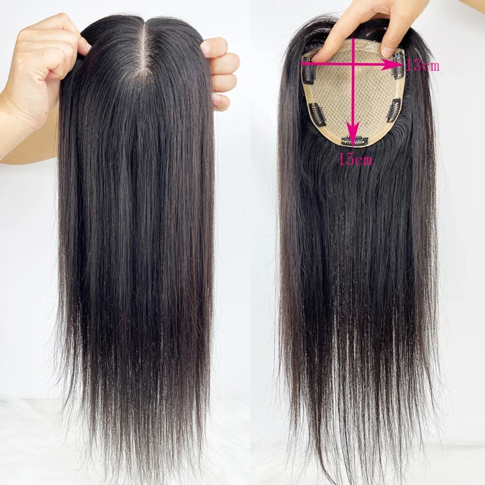 13x15cm Silk Base Human Hair Topper Women Full Size Hand Tied Silk Top Toupee Free Part Remy Hair Piece System with Clips