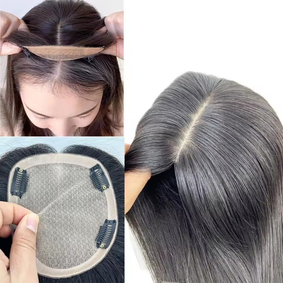 15X17cm Silk Base Women Topper With Clips In Hairpiece  Virgin Human Hair Toupee Breathable Silk Top Natural Hair