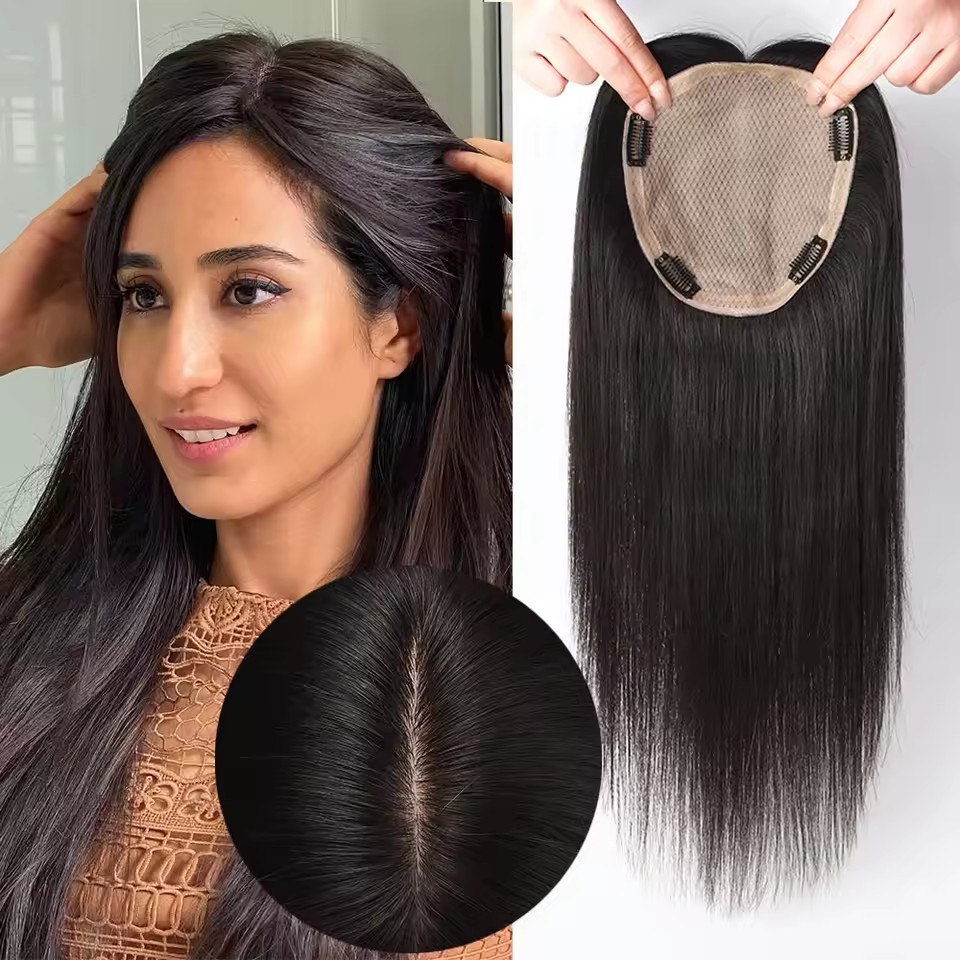 16x18cm Natural Black Human Hair Topper Silk Base Virgin Straight Women Toppers  Breathable Narural Scalp Top Hairpiece