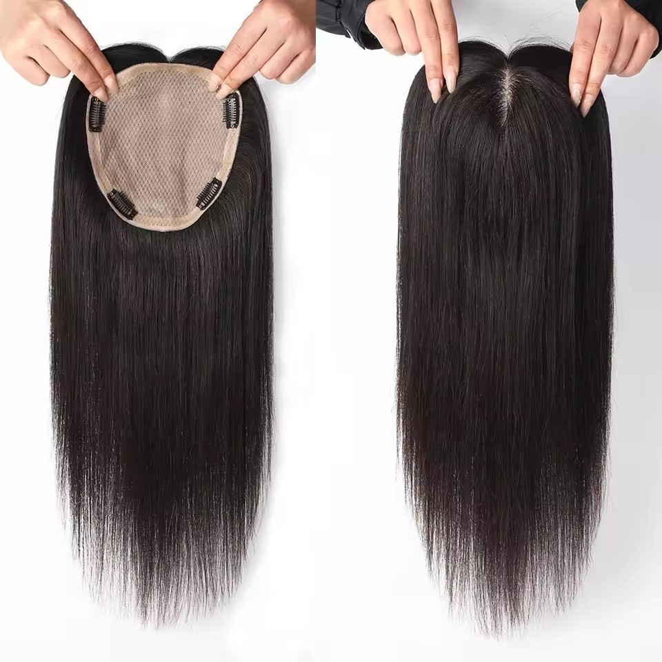 16x18cm Natural Black Human Hair Topper Silk Base Virgin Straight Women Toppers  Breathable Narural Scalp Top Hairpiece