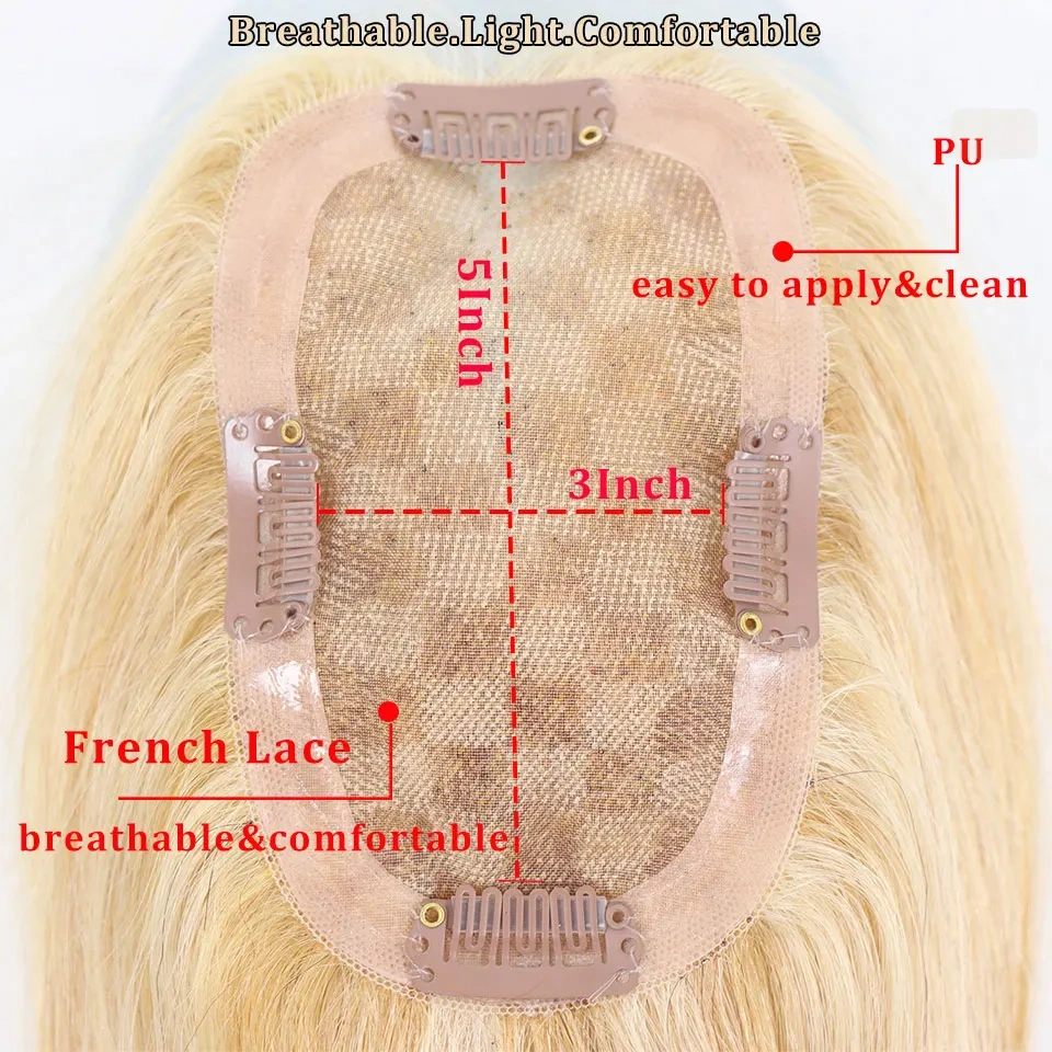 3x5 inch Human Hair Toppers for Women Straight Clip In Remy Hair Extensions Mono Base Topper Hairpiece for Thin Hair
