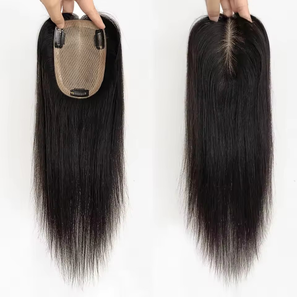 9x14 cm Silk Base Women Topper Natural Scalp Top Human Hair Toupee For Women Soft Base Topper with Clips
