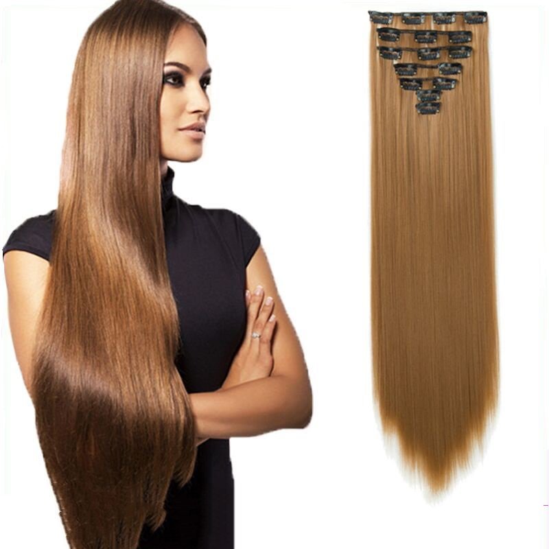 7 pcs 22 inch Long Straight Clip in Synthetic  Hair Extension   Synthetic Black Brown Hairpieces For Woman