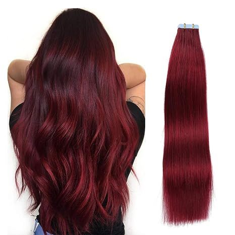 Burgundy 100grams Tape in Hair Extensions Invisible PU Hair 100% Human Hair for Women Straight Real Natural Hair on Tape for Salon