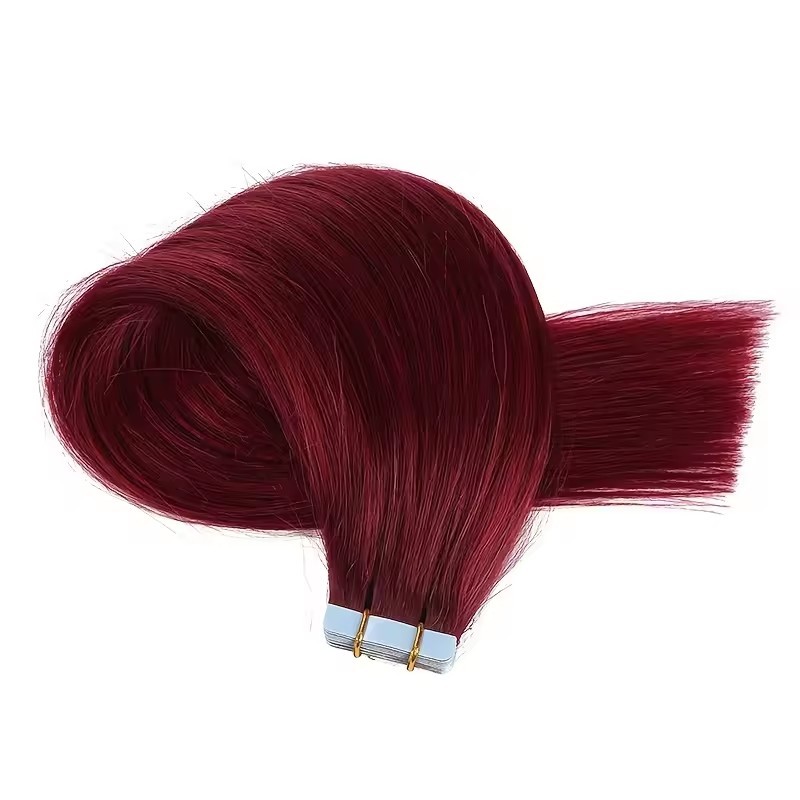 Burgundy 100grams Tape in Hair Extensions Invisible PU Hair 100% Human Hair for Women Straight Real Natural Hair on Tape for Salon