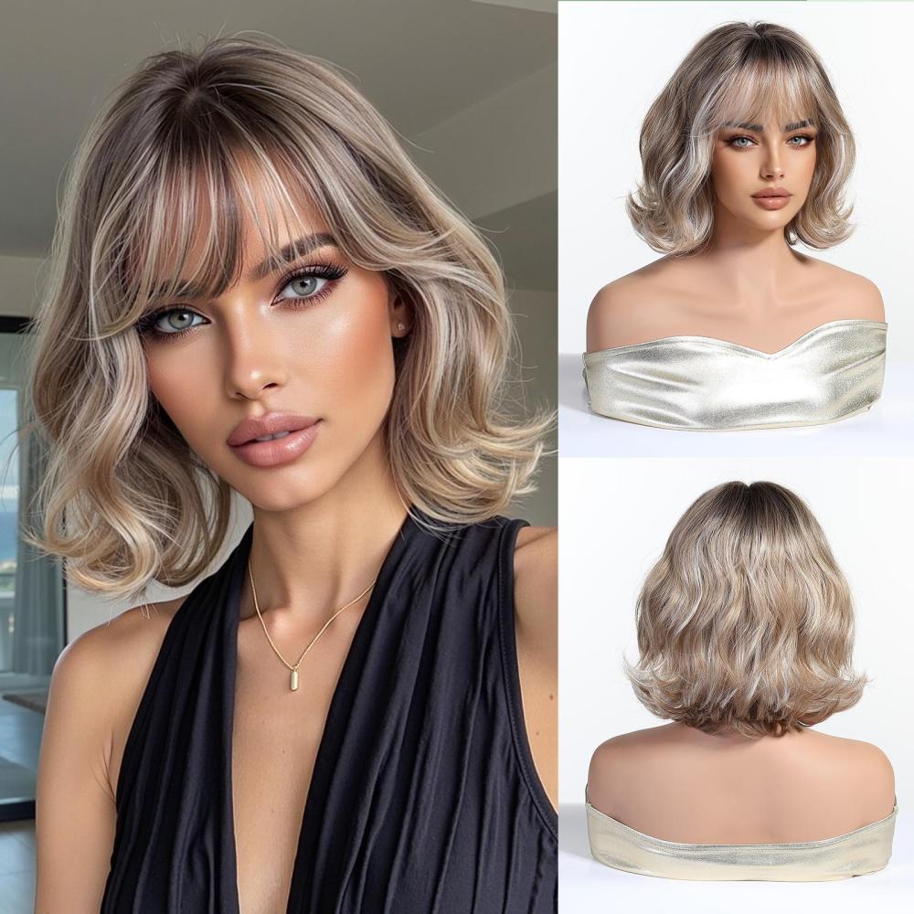 Medium Golden Synthetic Wig with Bangs Natural Layered Rose Golden Wigs for Women Party Cosplay Use Wig