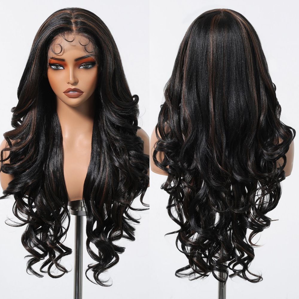 2025 new 13*6 Long Wavy Lace Front Wigs  Lace Frontal Synthetic Hair Wigs Blonde Mixed Brown Daily Party Wig