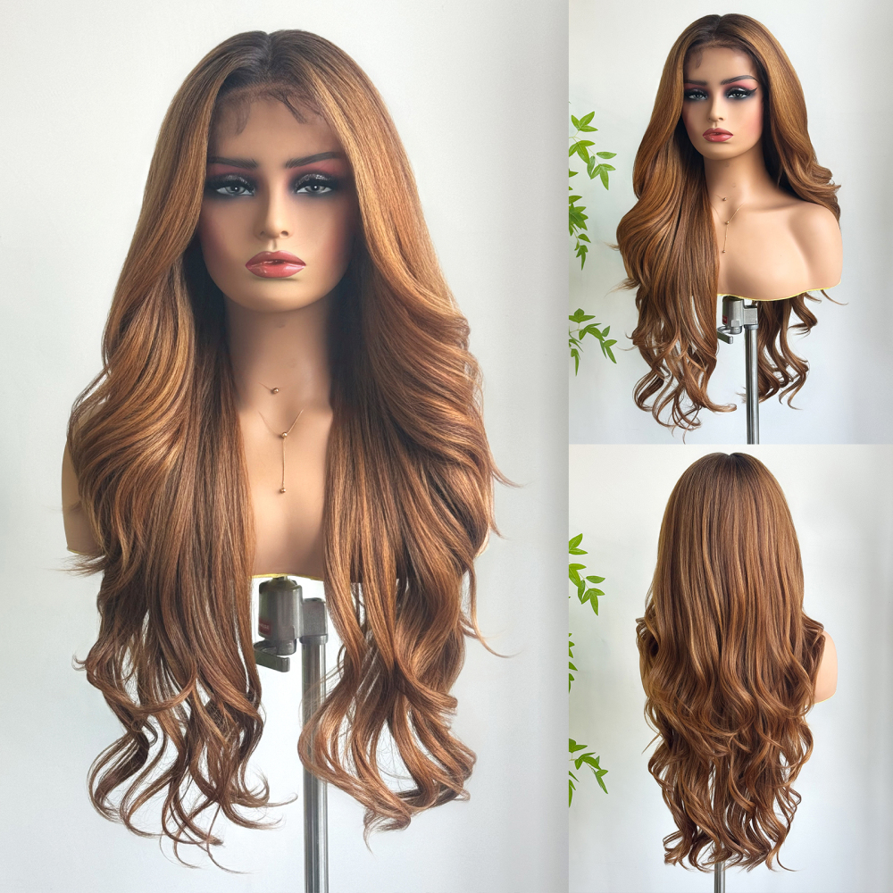 2025 new 13*6 Long Wavy Lace Front Wigs  Lace Frontal Synthetic Hair Wigs Blonde Mixed Brown Daily Party Wig