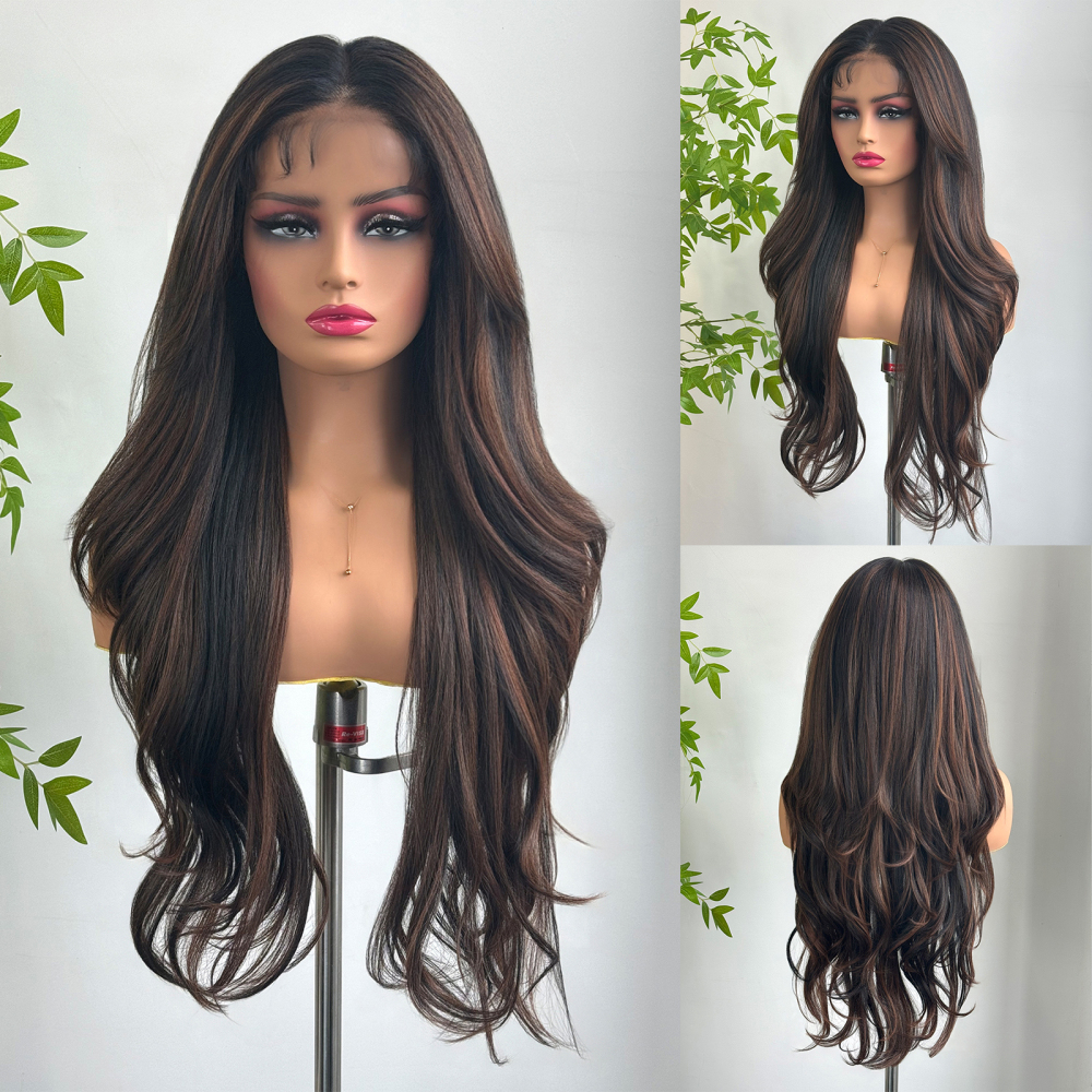 2025 new 13*6 Long Wavy Lace Front Wigs  Lace Frontal Synthetic Hair Wigs Blonde Mixed Brown Daily Party Wig