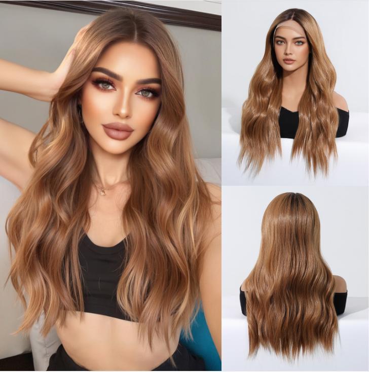 2025 new 13*6 Long Wavy Lace Front Wigs  Lace Frontal Synthetic Hair Wigs Blonde Mixed Brown Daily Party Wig