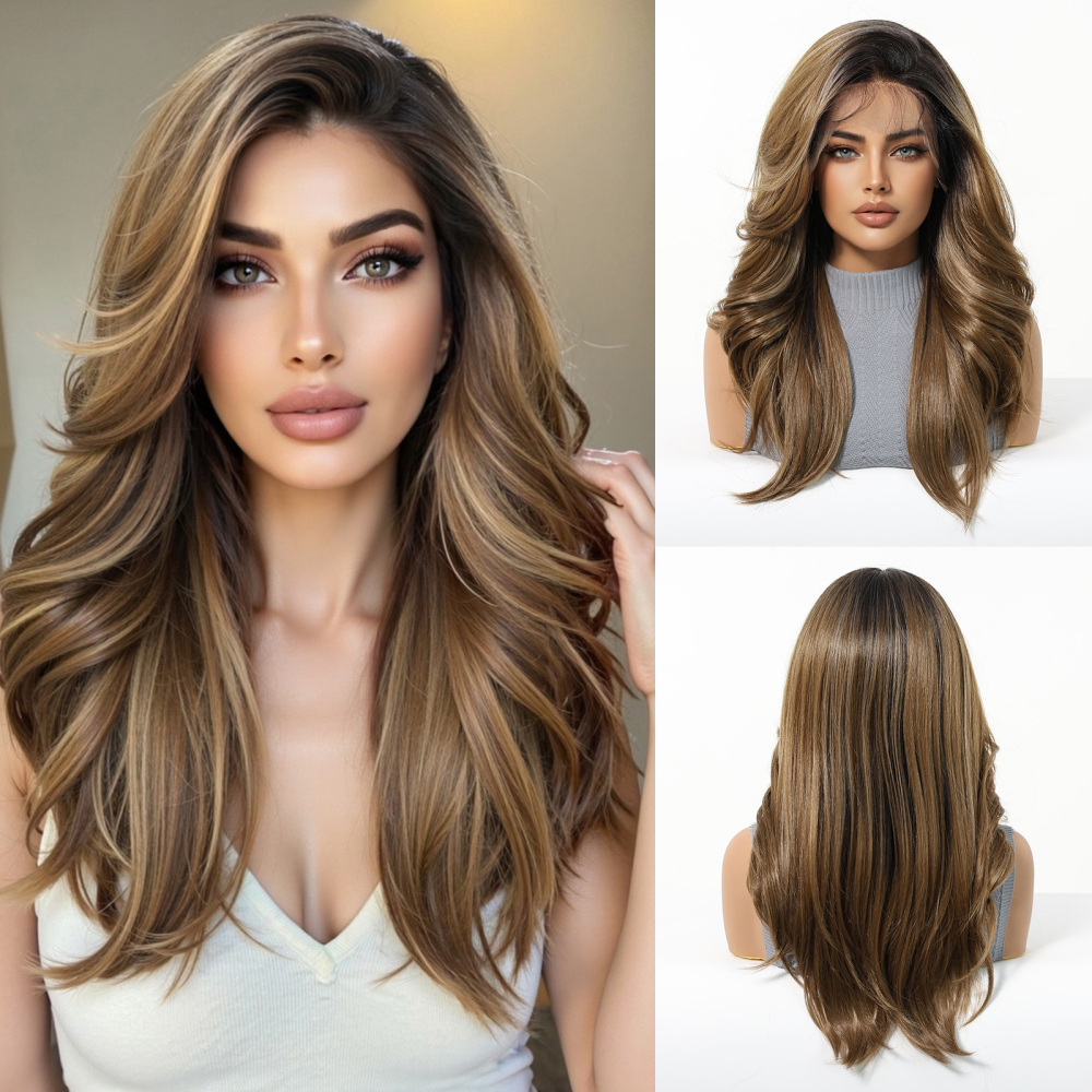 2025 new 13*6 Long Wavy Lace Front Wigs  Lace Frontal Synthetic Hair Wigs Blonde Mixed Brown Daily Party Wig