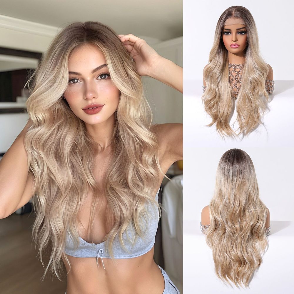 2025 new 13*6 Long Wavy Lace Front Wigs  Lace Frontal Synthetic Hair Wigs Blonde Mixed Brown Daily Party Wig