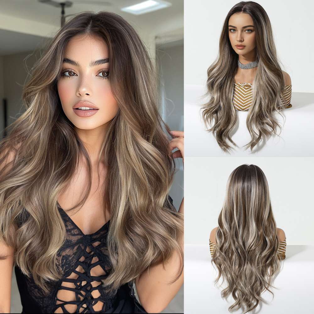 2025 new 13*6 Long Wavy Lace Front Wigs  Lace Frontal Synthetic Hair Wigs Blonde Mixed Brown Daily Party Wig