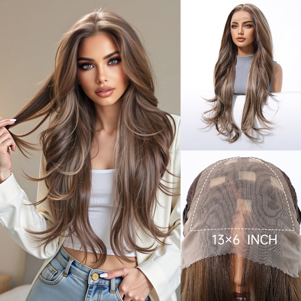 2025 new 13*6 Long Wavy Lace Front Wigs  Lace Frontal Synthetic Hair Wigs Blonde Mixed Brown Daily Party Wig