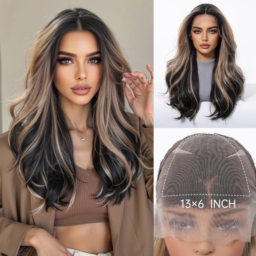 2025 new 13*6 Long Wavy Lace Front Wigs  Lace Frontal Synthetic Hair Wigs Blonde Mixed Brown Daily Party Wig