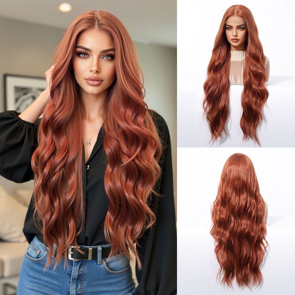 2025 new 13*6 Long Wavy Lace Front Wigs  Lace Frontal Synthetic Hair Wigs Blonde Mixed Brown Daily Party Wig