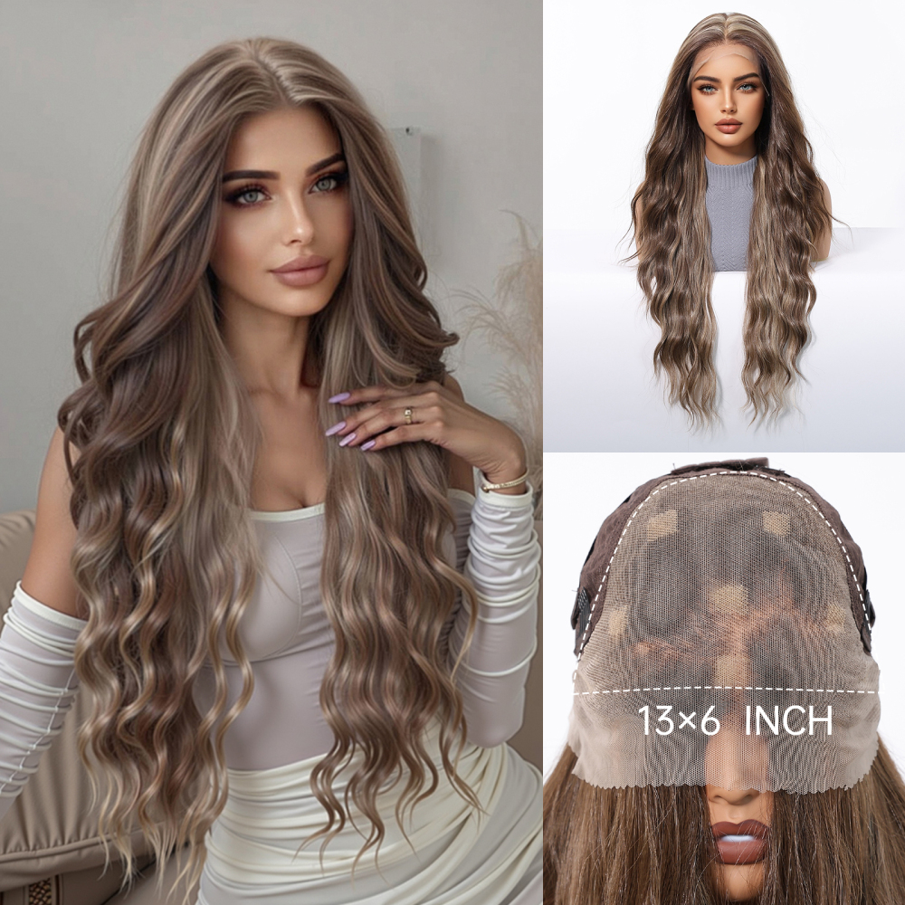 2025 new 13*6 Long Wavy Lace Front Wigs  Lace Frontal Synthetic Hair Wigs Blonde Mixed Brown Daily Party Wig