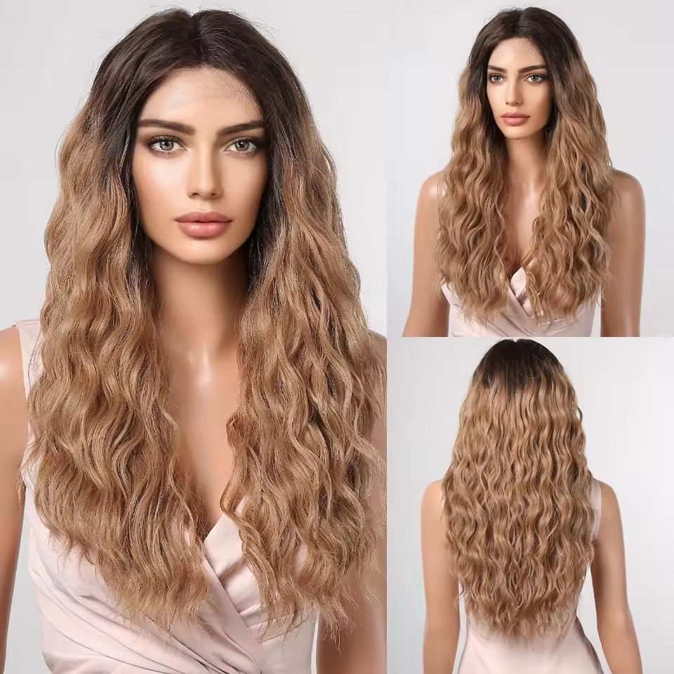 Long Wave Golden Highlight Blonde Wigs Natural Synthetic Lace Wigs Suitable for Women Daily Cosplay Parties Heat Resistant Fibers