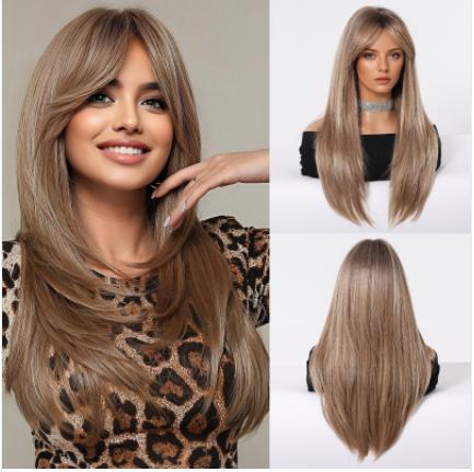 Medium Golden Synthetic Wig with Bangs Natural Layered Rose Golden Wigs for Women Party Cosplay Use Wig