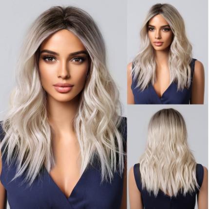 Medium Golden Synthetic Wig with Bangs Natural Layered Rose Golden Wigs for Women Party Cosplay Use Wig