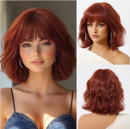 Medium Golden Synthetic Wig with Bangs Natural Layered Rose Golden Wigs for Women Party Cosplay Use Wig