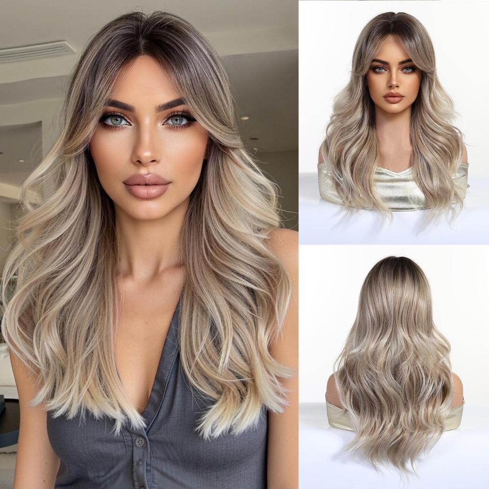 Medium Golden Synthetic Wig with Bangs Natural Layered Rose Golden Wigs for Women Party Cosplay Use Wig