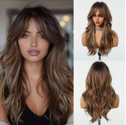 Medium Golden Synthetic Wig with Bangs Natural Layered Rose Golden Wigs for Women Party Cosplay Use Wig