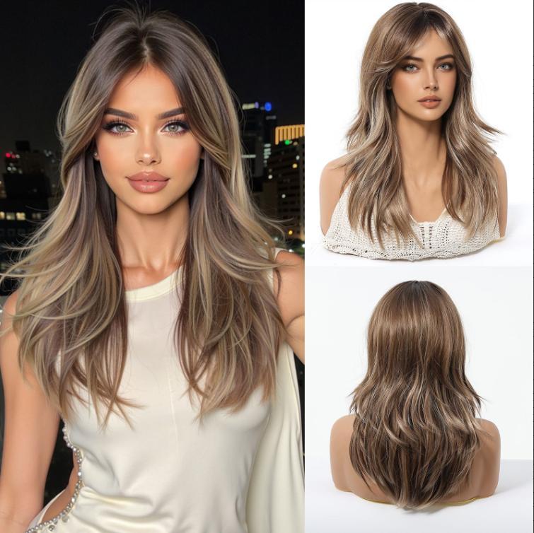 Medium Golden Synthetic Wig with Bangs Natural Layered Rose Golden Wigs for Women Party Cosplay Use Wig