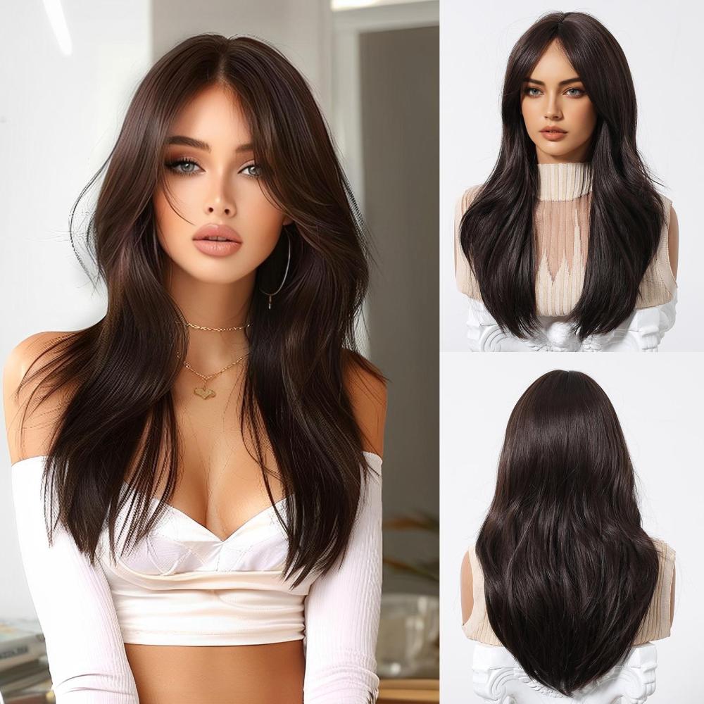 Medium Length Wavy Synthetic Wigs for Women Blonde to Brown Ombre Wavy Layered Hair Wig With Bangs Daily Wigs