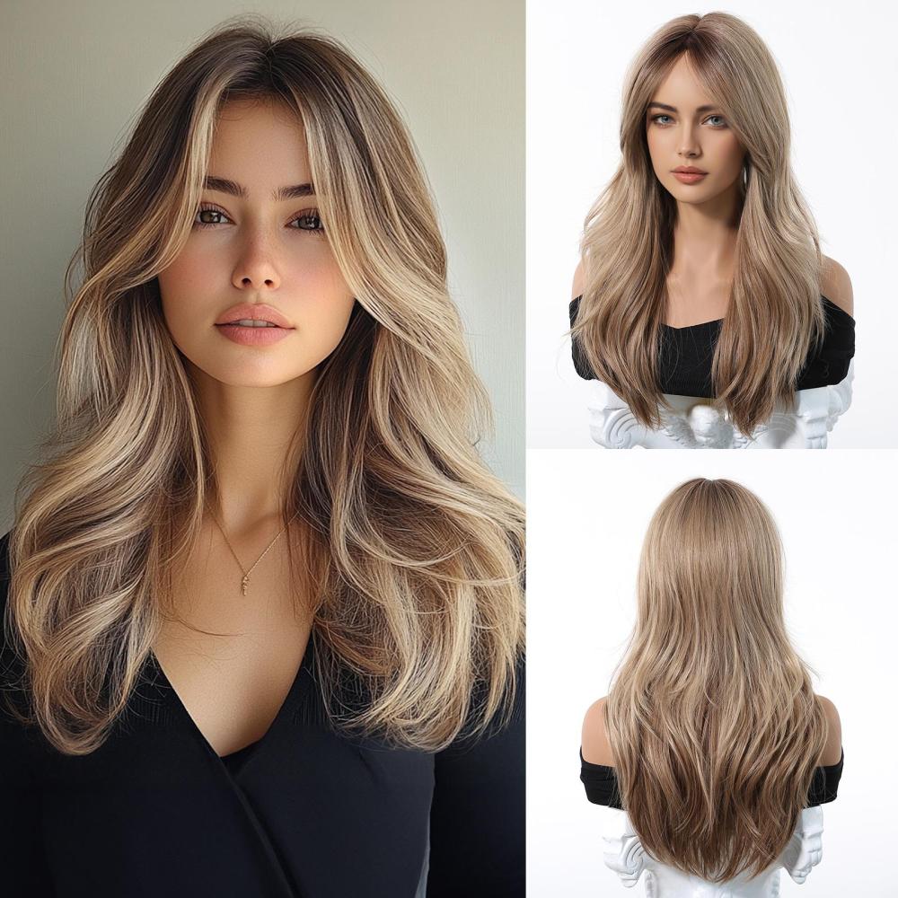 Medium Length Wavy Synthetic Wigs for Women Blonde to Brown Ombre Wavy Layered Hair Wig With Bangs Daily Wigs