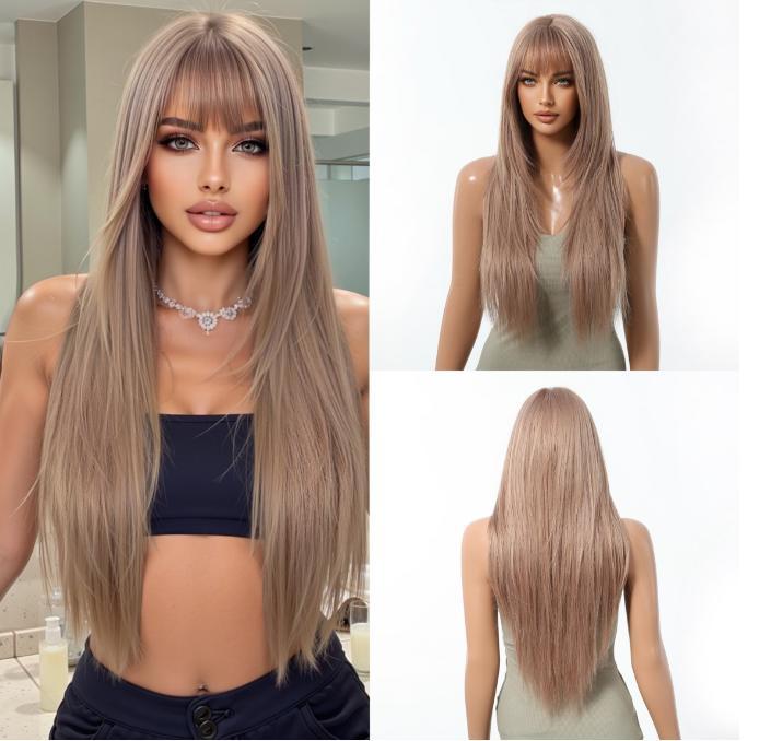 Medium Length Wavy Synthetic Wigs for Women Blonde to Brown Ombre Wavy Layered Hair Wig With Bangs Daily Wigs