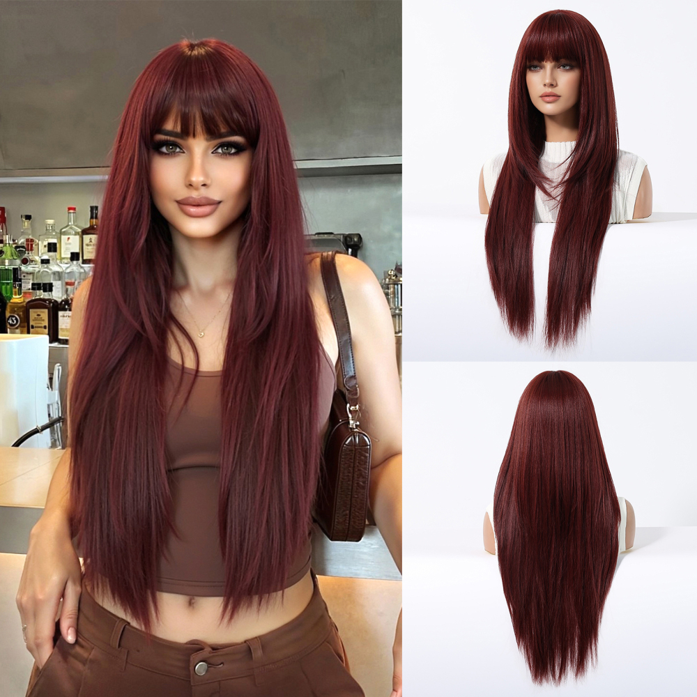 Medium Length Wavy Synthetic Wigs for Women Blonde to Brown Ombre Wavy Layered Hair Wig With Bangs Daily Wigs