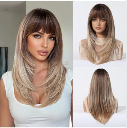 Medium Length Wavy Synthetic Wigs for Women Blonde to Brown Ombre Wavy Layered Hair Wig With Bangs Daily Wigs