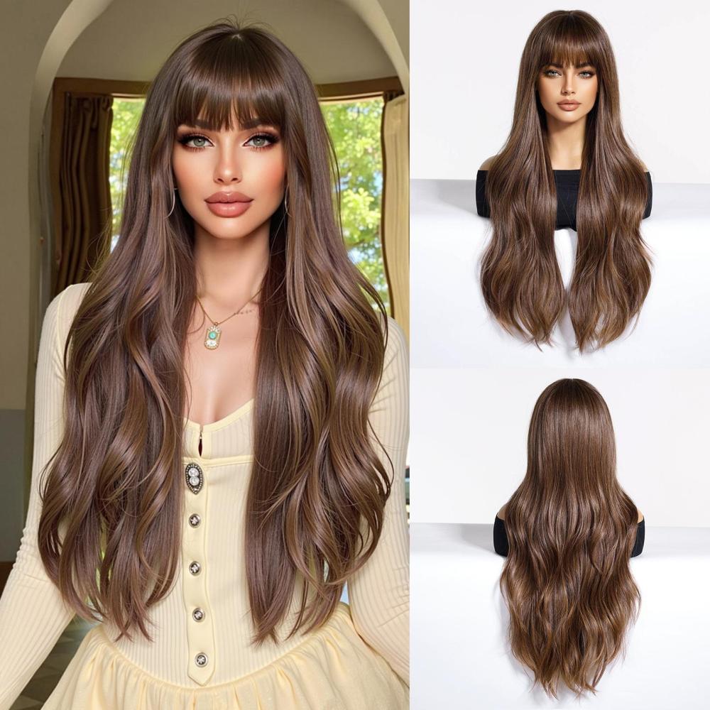Medium Length Wavy Synthetic Wigs for Women Blonde to Brown Ombre Wavy Layered Hair Wig With Bangs Daily Wigs