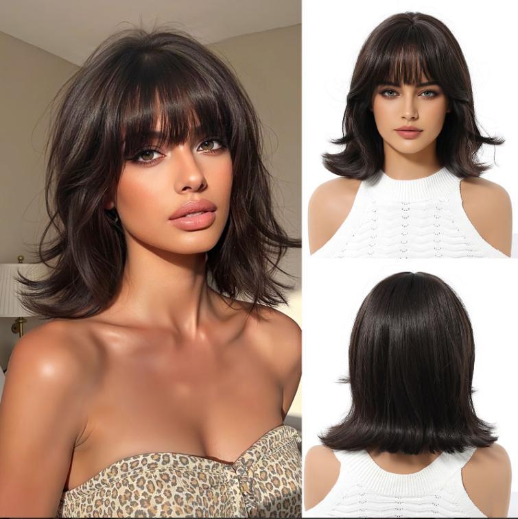 hestnut Brown Synthetic Wigs with Bangs Short Straight Hair Shoulder Length Wig Soft Daily Heat Resistant Fiber Wigs