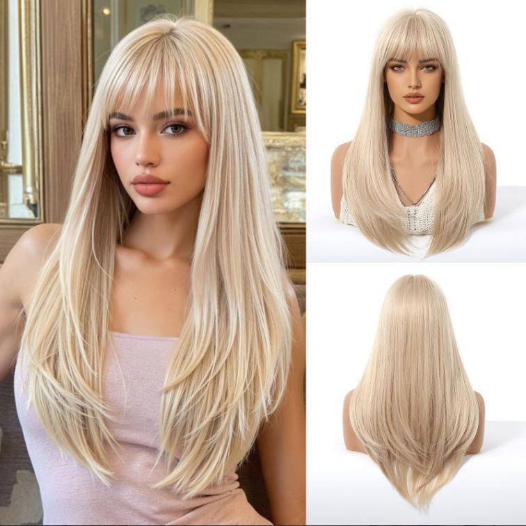 Medium Length Wavy Synthetic Wigs for Women Blonde to Brown Ombre Wavy Layered Hair Wig With Bangs Daily Wigs