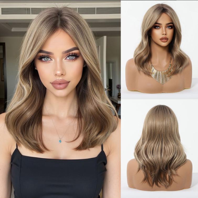 Medium Length Wavy Synthetic Wigs for Women Blonde to Brown Ombre Wavy Layered Hair Wig With Bangs Daily Wigs
