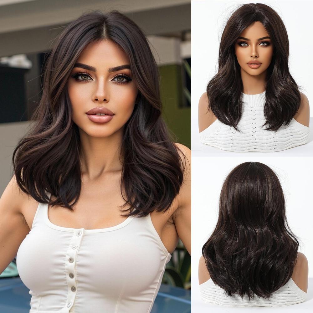 Medium Length Wavy Synthetic Wigs for Women Blonde to Brown Ombre Wavy Layered Hair Wig With Bangs Daily Wigs
