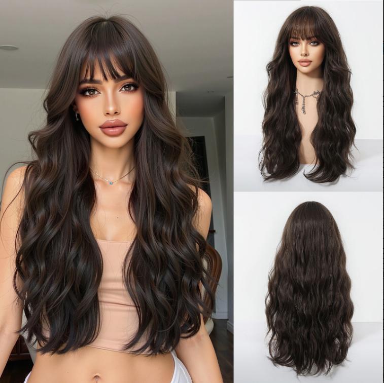 Medium Length Wavy Synthetic Wigs for Women Blonde to Brown Ombre Wavy Layered Hair Wig With Bangs Daily Wigs