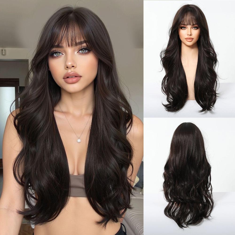 Medium Length Wavy Synthetic Wigs for Women Blonde to Brown Ombre Wavy Layered Hair Wig With Bangs Daily Wigs