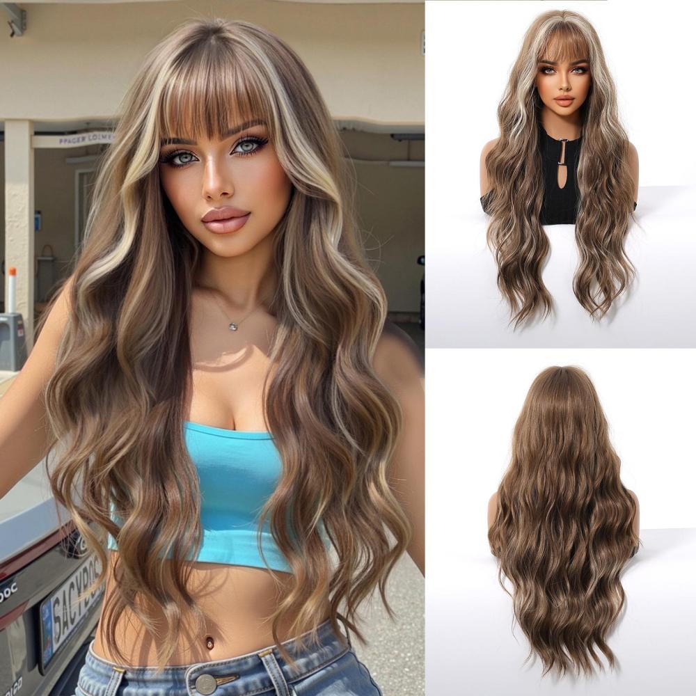 Medium Length Wavy Synthetic Wigs for Women Blonde to Brown Ombre Wavy Layered Hair Wig With Bangs Daily Wigs