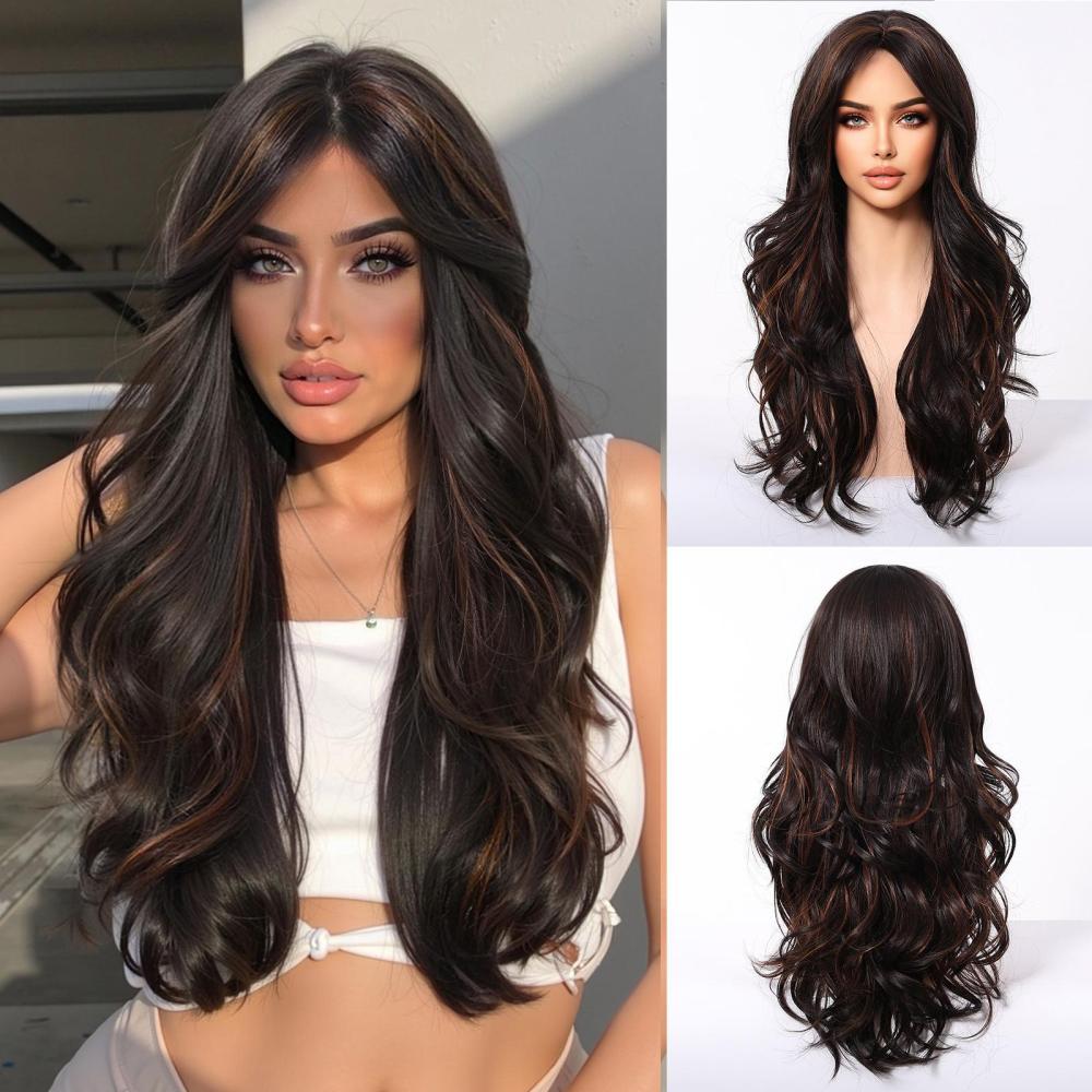 Medium Length Wavy Synthetic Wigs for Women Blonde to Brown Ombre Wavy Layered Hair Wig With Bangs Daily Wigs