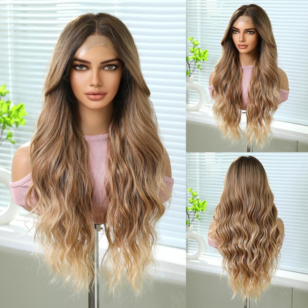 2025 new 13*6 Long Wavy Lace Front Wigs  Lace Frontal Synthetic Hair Wigs Blonde Mixed Brown Daily Party Wig