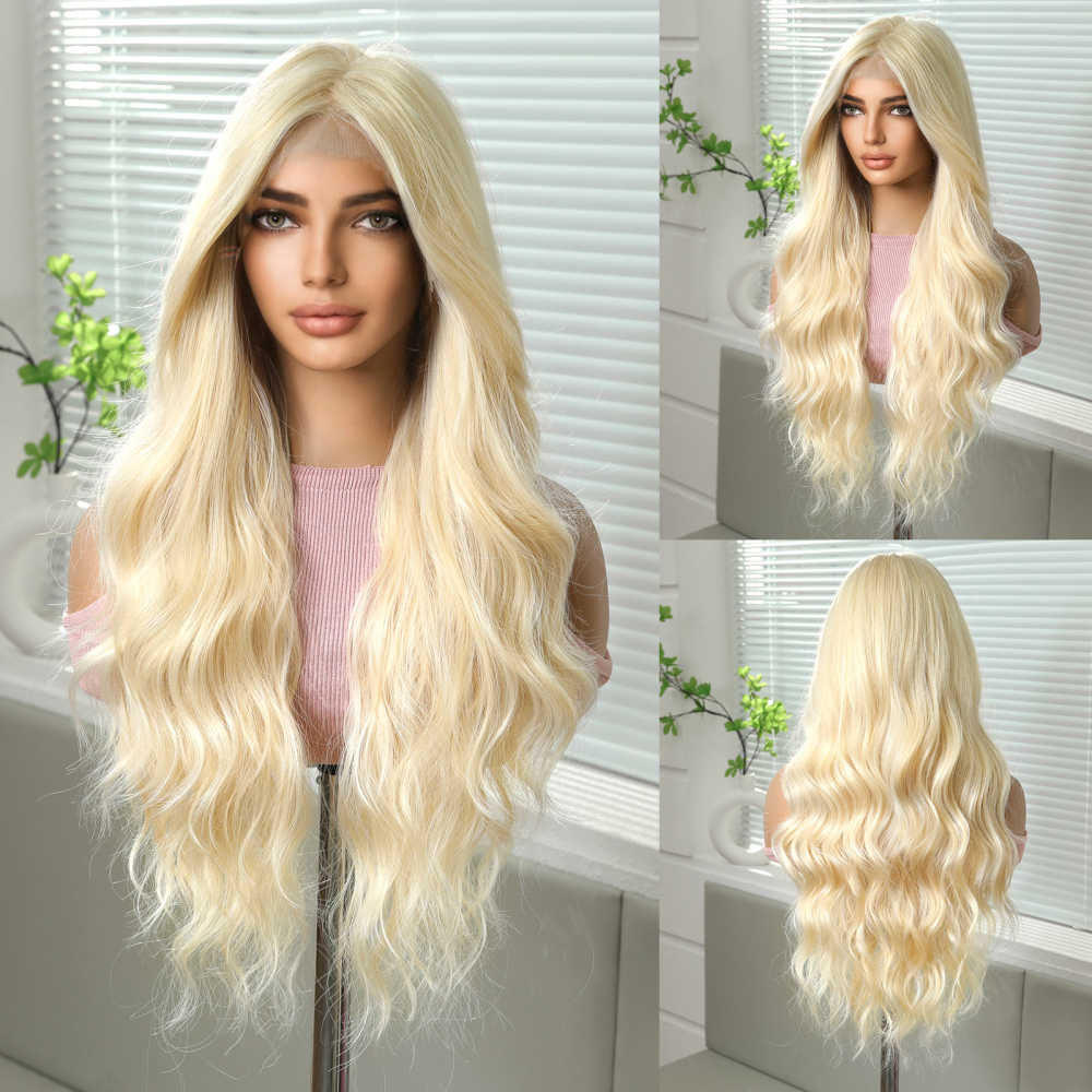 2025 new 13*6 Long Wavy Lace Front Wigs  Lace Frontal Synthetic Hair Wigs Blonde Mixed Brown Daily Party Wig